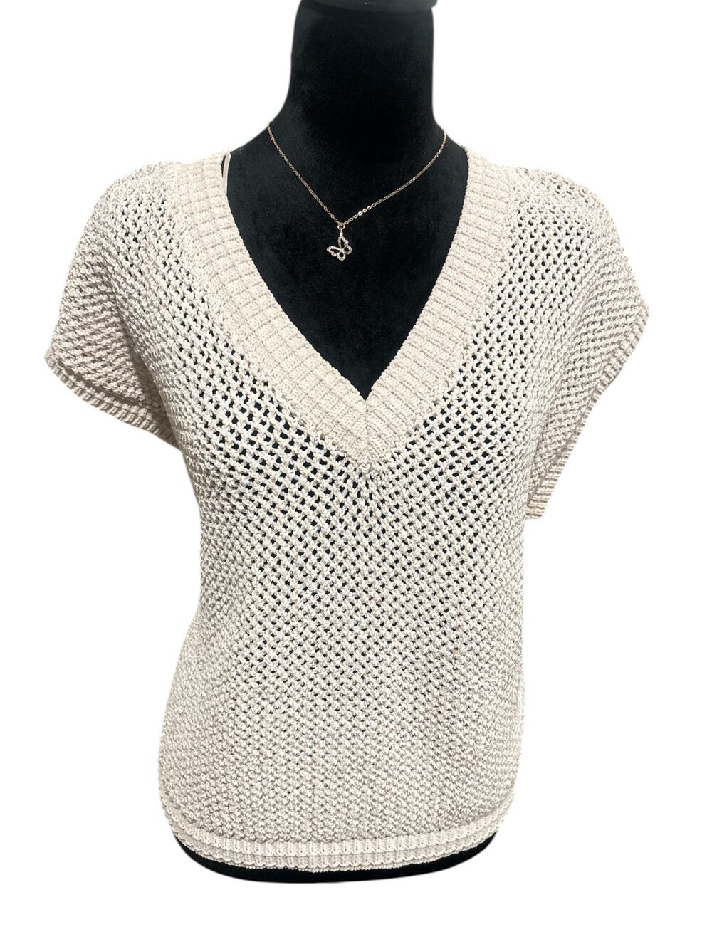 Joie Tan and Gold Short-Sleeve-V Neck-Knit Top-Size XL-NWOT